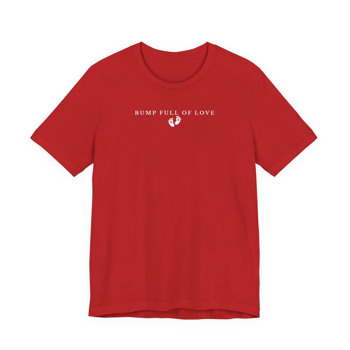 Red t-shirt with 'Bump Full of Love' text and graphic on a white background