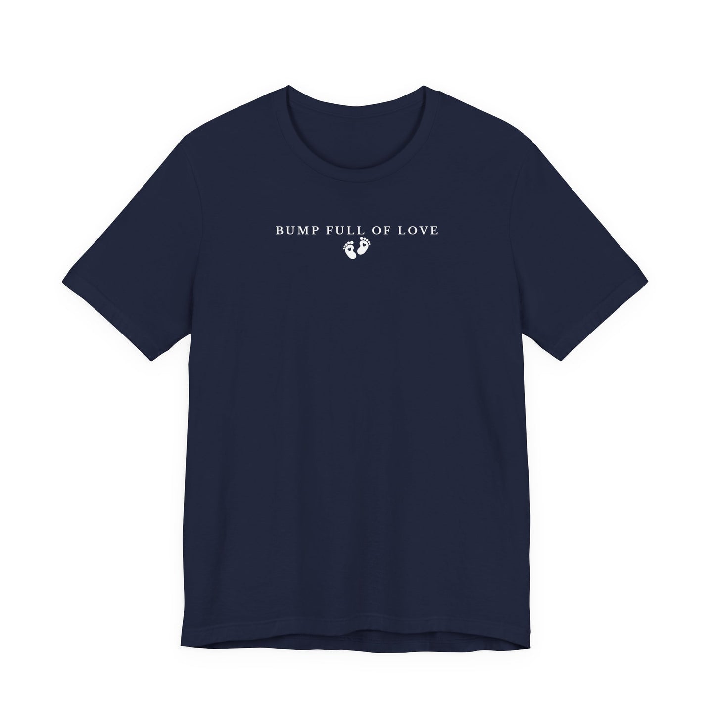 Navy blue t-shirt with 'Bump Full of Love' text and graphic on a white background