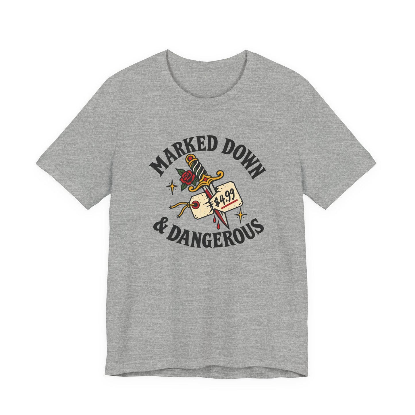 Front of the Athletic Heather Classic Fit Tee with the Marked Down & Dangerous dagger, rose and price-tag graphic.