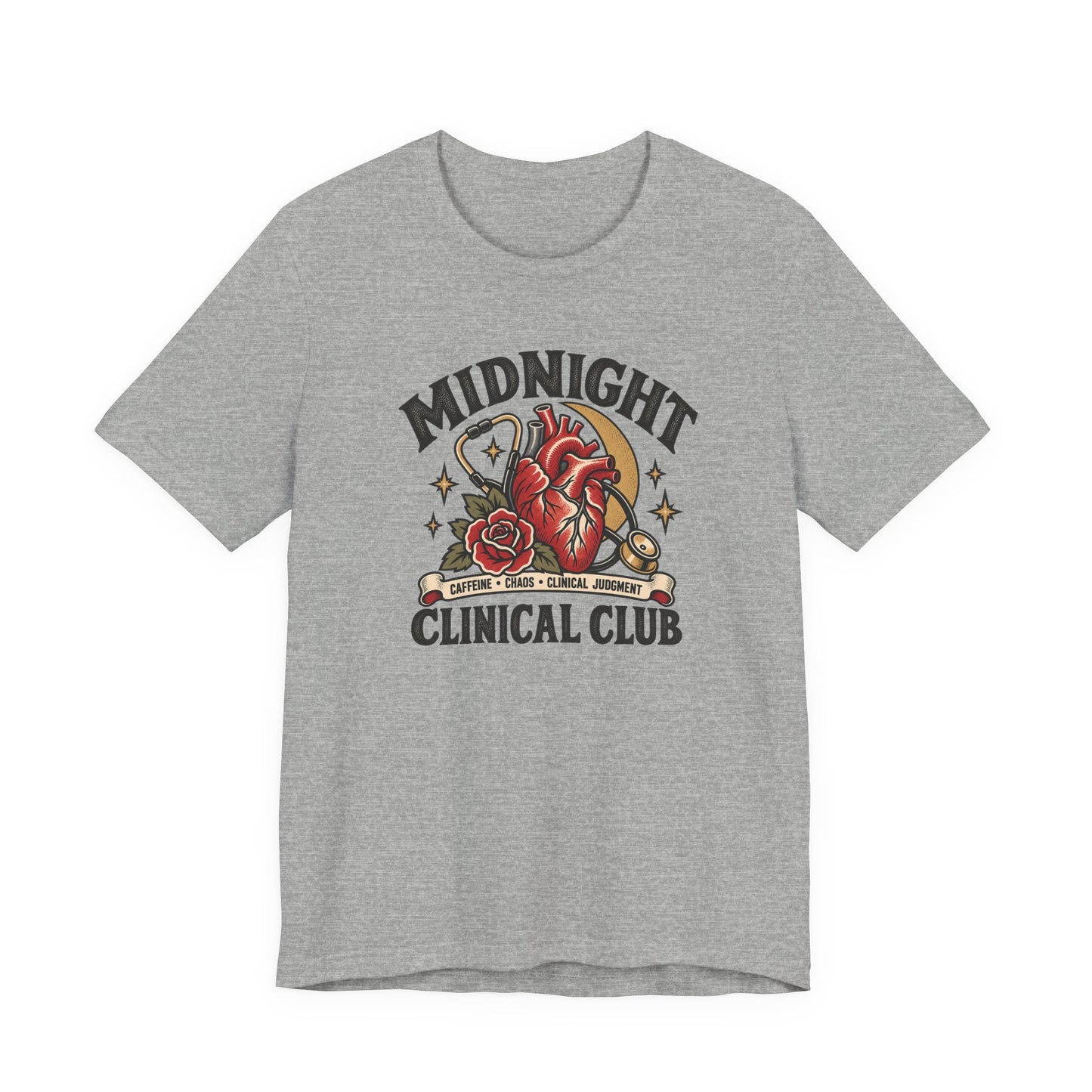 Athletic heather classic fit T-shirt with a bold Midnight Clinical Club graphic featuring caffeine, chaos, clinical judgment, and medical artwork.