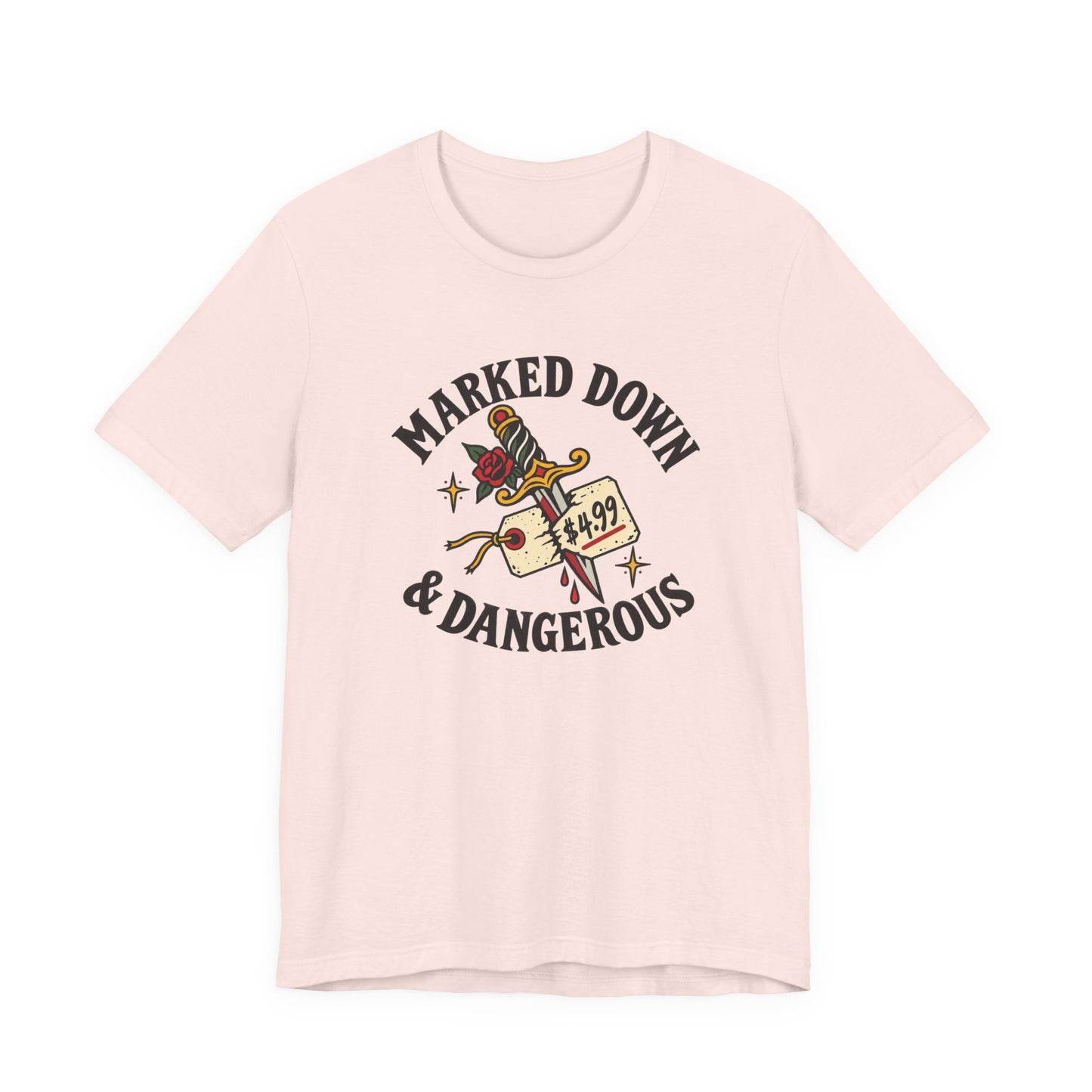 Front of the Soft Pink Classic Fit Tee with the Marked Down & Dangerous dagger, rose and price-tag graphic.