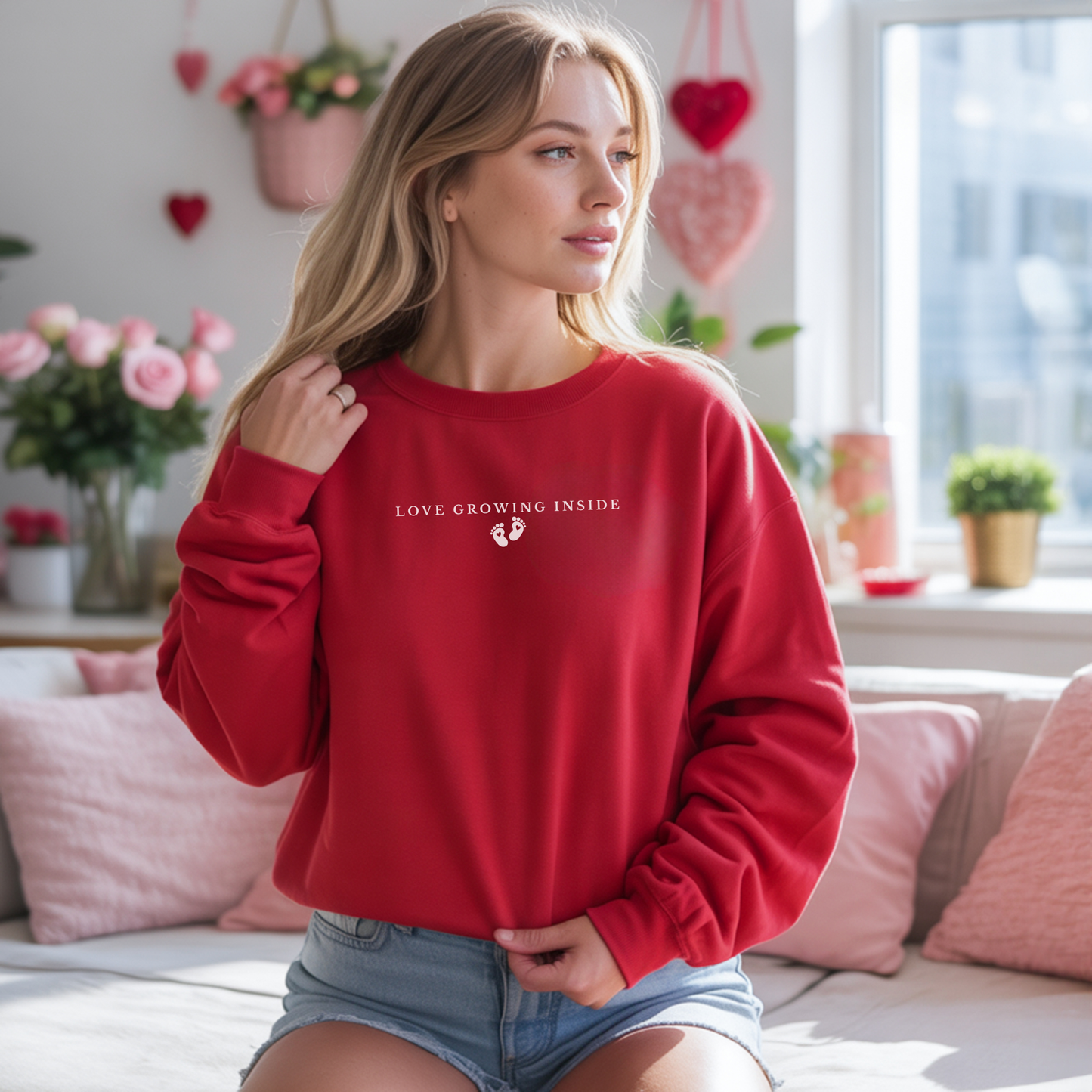 Woman wearing a red sweatshirt with text saying "love growing inside"