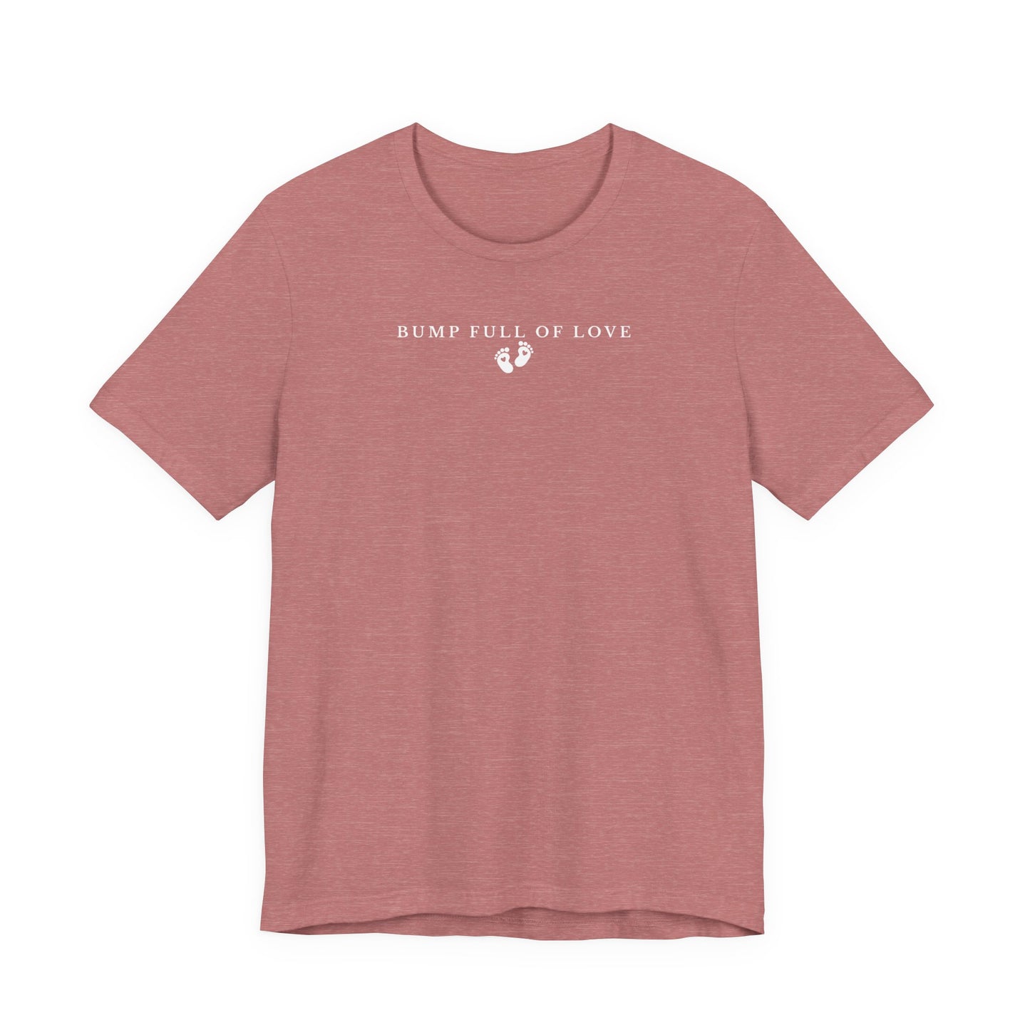 heather mauve t-shirt with 'Bump Full of Love' text and footprint graphic on a white background
