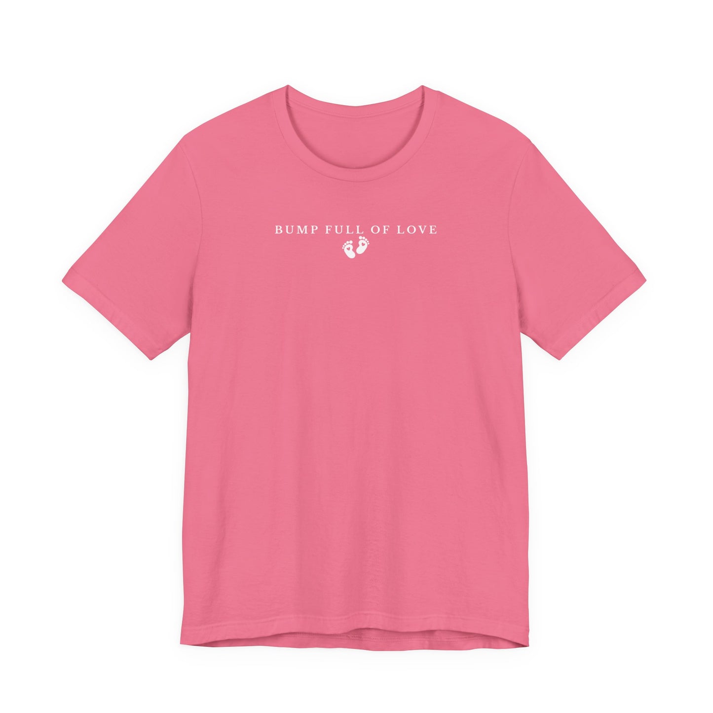 charity pink t-shirt with 'Bump Full of Love' text on a white background