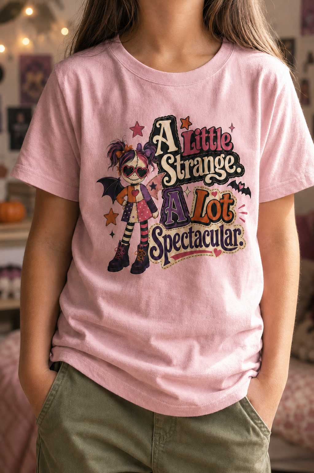 Girl wearing a pink youth T-shirt featuring a colorful patchwork doll, hearts, stars, bat wings, and the phrase “A Little Strange, A Lot Spectacular.”