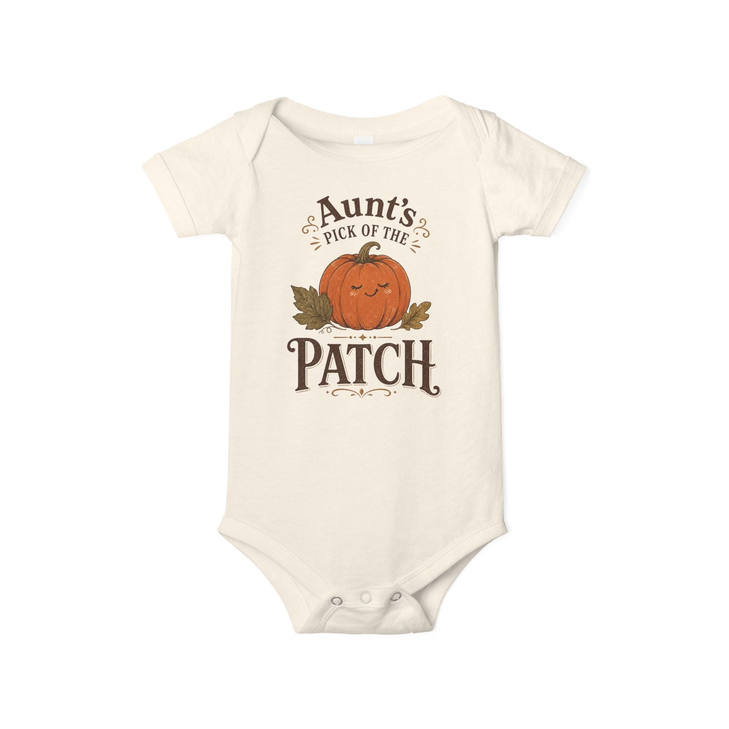 Natural color baby one piece featuring a smiling pumpkin, autumn leaves, and the phrase “Aunt’s Pick of the Patch.”