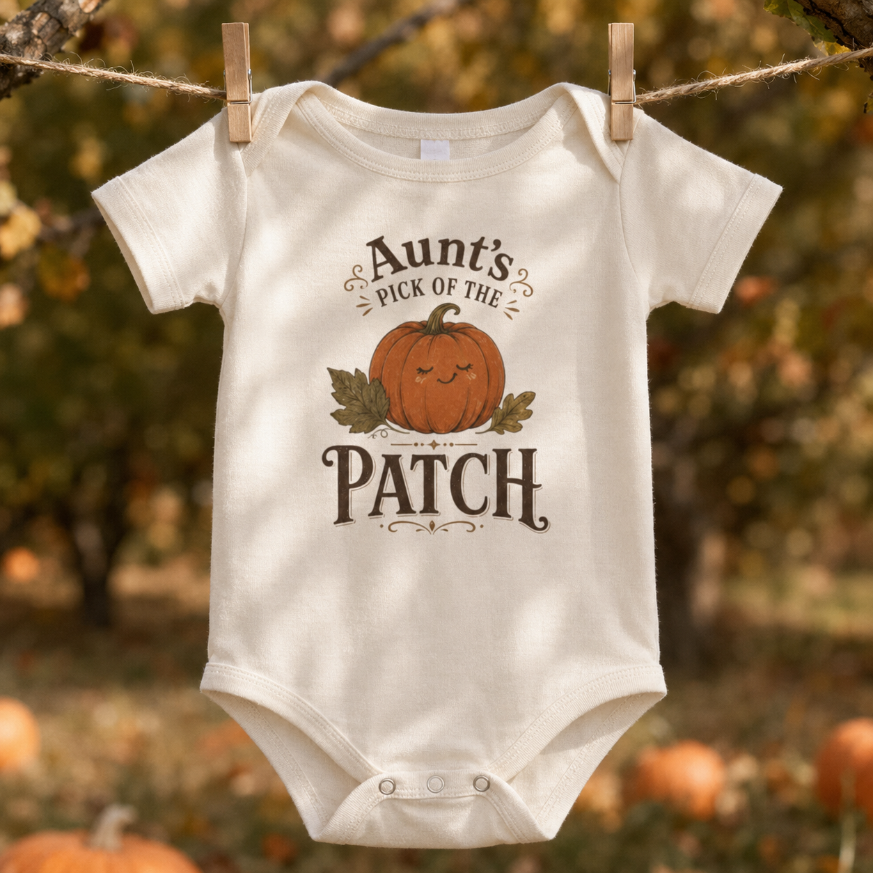 Natural baby one piece featuring a smiling pumpkin, autumn leaves, and the phrase “Aunt’s Pick of the Patch.”