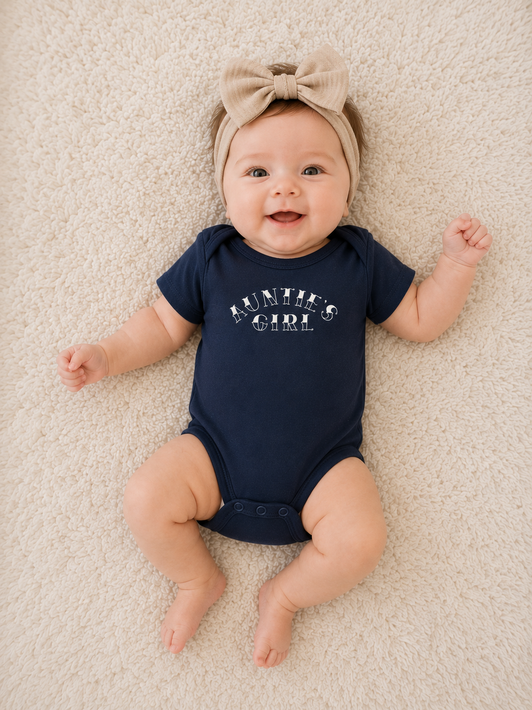 Smiling baby wearing a navy Bella + Canvas 100B infant one piece with a cream “Auntie’s Girl” graphic, styled with a neutral bow headband on a soft cream blanket for a cozy lifestyle mockup.