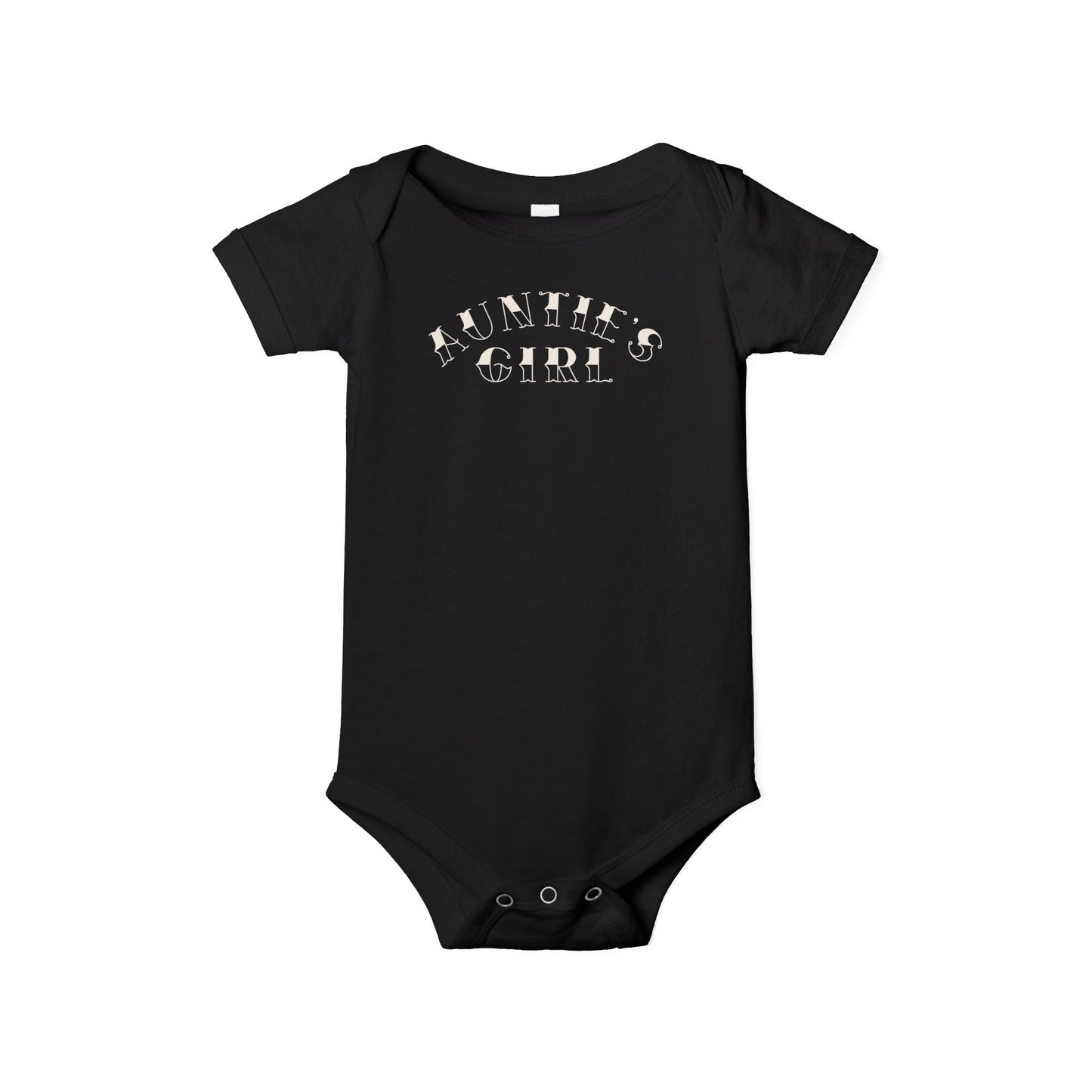 Black Bella + Canvas 100B infant one piece featuring a white “Auntie’s Girl” graphic in a trendy western-inspired font for stylish baby outfits and matching family apparel.