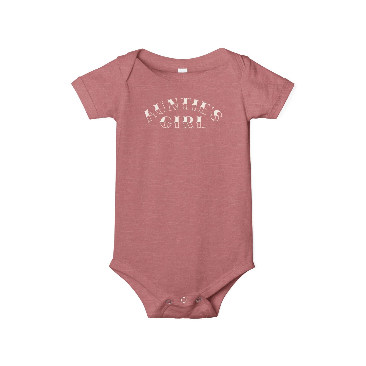 Heather mauve Bella + Canvas 100B infant one piece featuring a cream “Auntie’s Girl” graphic in a trendy western-inspired font for stylish baby outfits and matching family apparel.