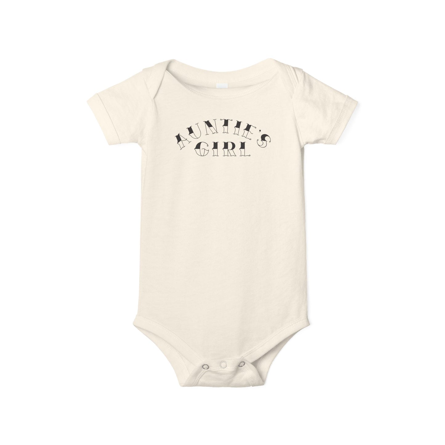 Natural Bella + Canvas 100B infant one piece featuring a black “Auntie’s Girl” graphic in a trendy western-inspired font for stylish baby outfits and matching family apparel.