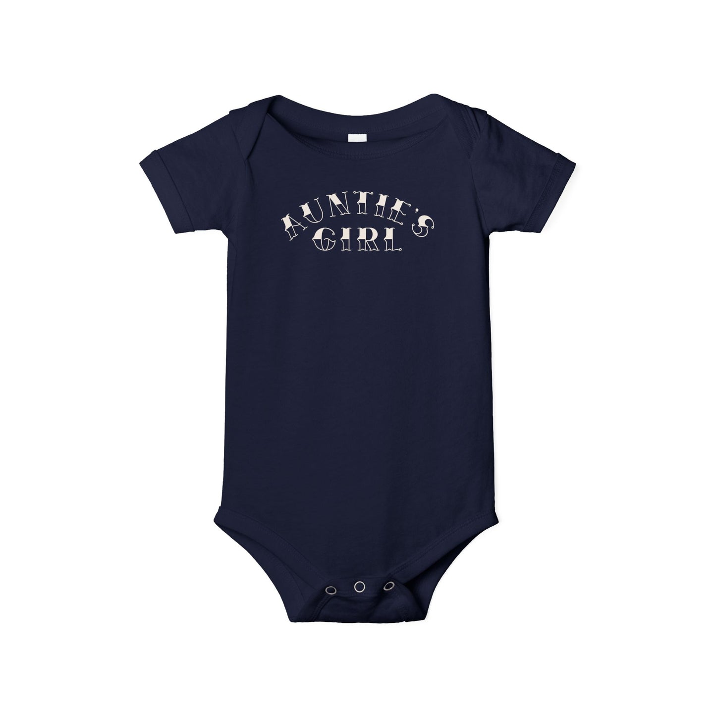 Navy Bella + Canvas 100B infant one piece featuring a cream “Auntie’s Girl” graphic in a trendy western-inspired font for stylish baby outfits and matching family apparel.