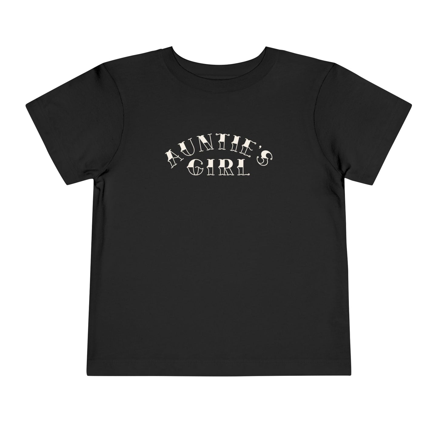 Black Bella + Canvas 3001T toddler t-shirt featuring white “Auntie’s Girl” graphic lettering in a trendy vintage-inspired font on a minimalist boutique style design.