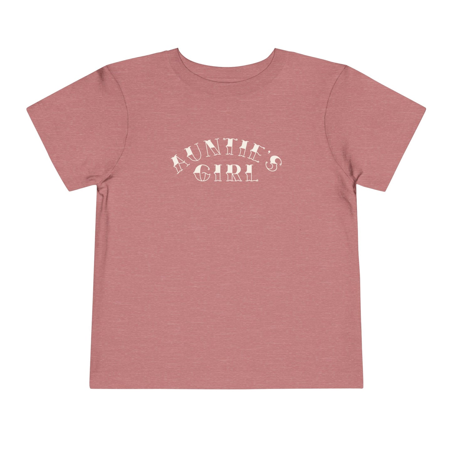 Heather mauve Bella + Canvas 3001T toddler t-shirt featuring white “Auntie’s Girl” graphic lettering in a trendy vintage-inspired font on a minimalist boutique style design.