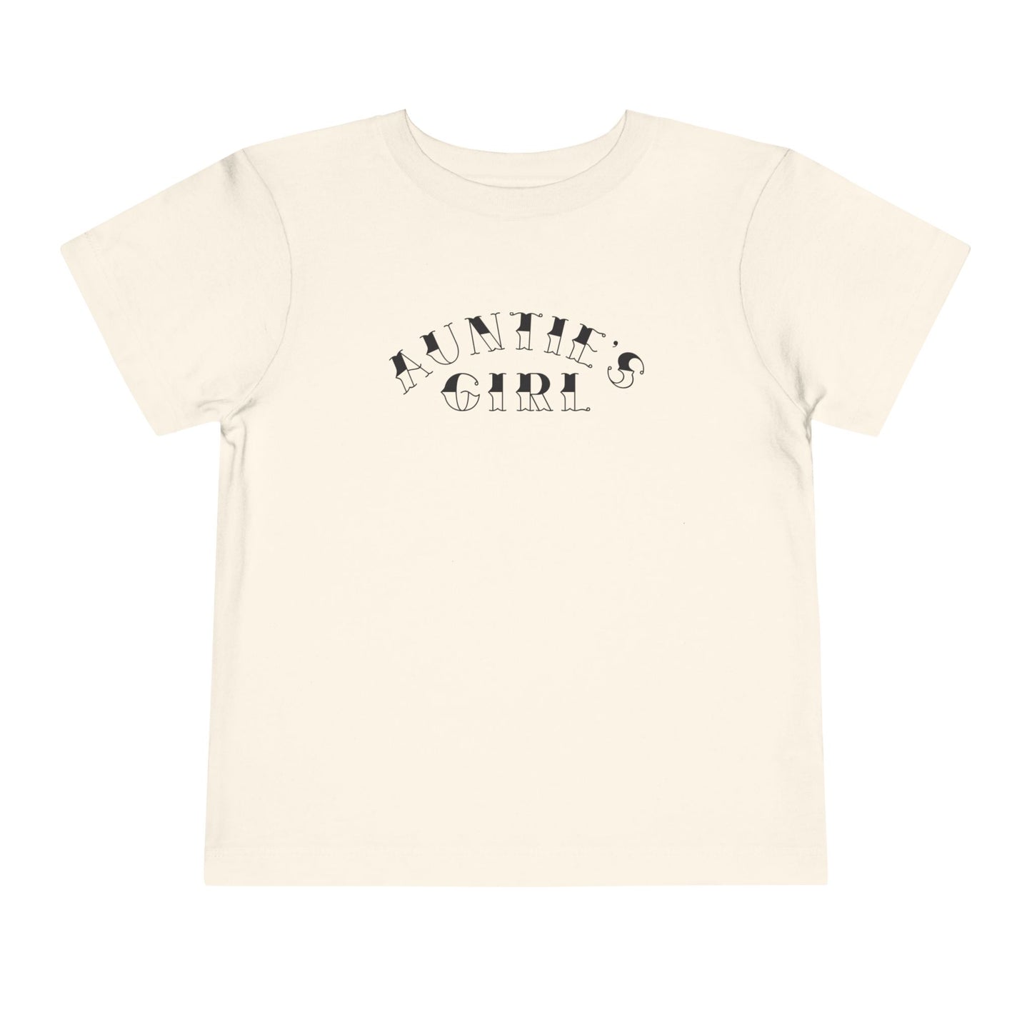 Natural Bella + Canvas 3001T toddler t-shirt featuring black “Auntie’s Girl” graphic lettering in a trendy vintage-inspired font on a minimalist boutique style design.