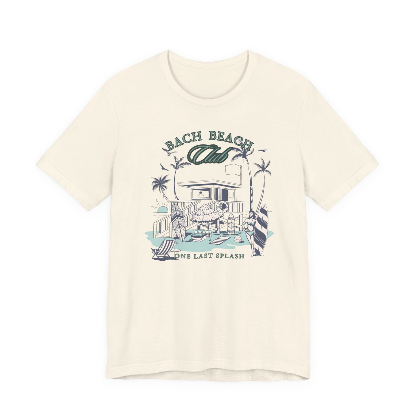 Bella + Canvas 3001 t-shirt in natural featuring a retro beach bachelor party design with palm trees, surfboards, beach house artwork, and “Bach Beach Club, One Last Splash” wording in coastal green and blue lettering.