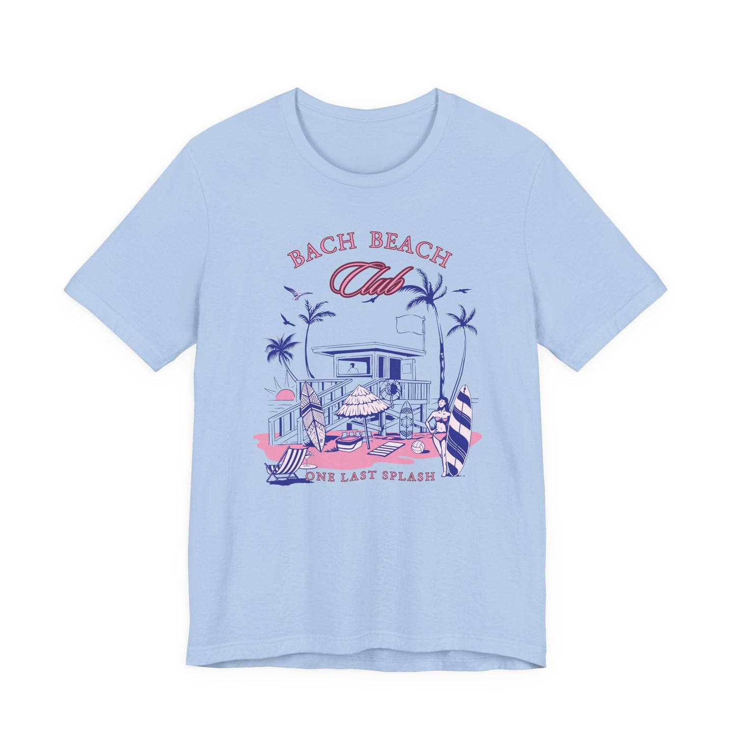 Bella + Canvas 3001 t-shirt in baby blue featuring a retro beach bachelorette design with palm trees, surfboards, beach house artwork, and “Bach Beach Club, One Last Splash” wording in pink and blue tropical lettering.