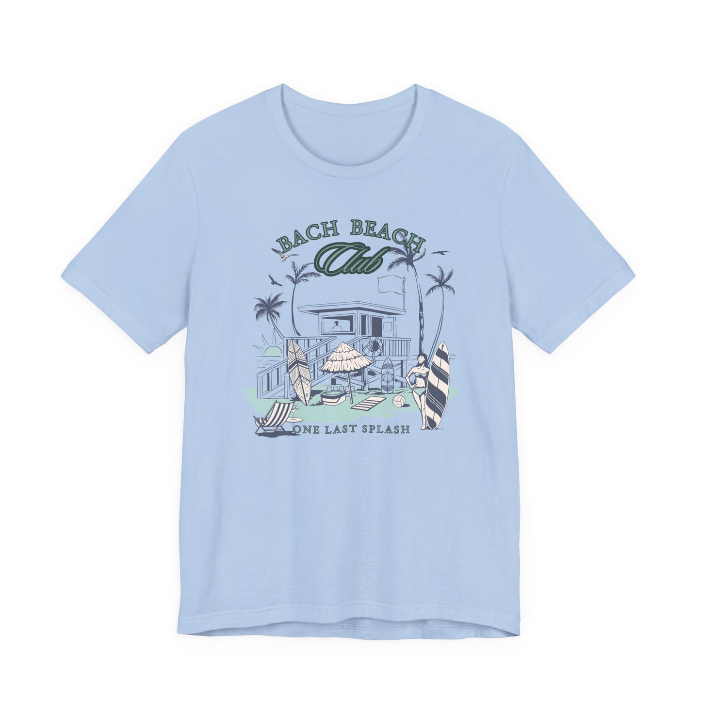 Bella + Canvas 3001 t-shirt in baby blue featuring a retro beach bachelor party design with palm trees, surfboards, beach house artwork, and “Bach Beach Club, One Last Splash” wording in coastal green and blue lettering.