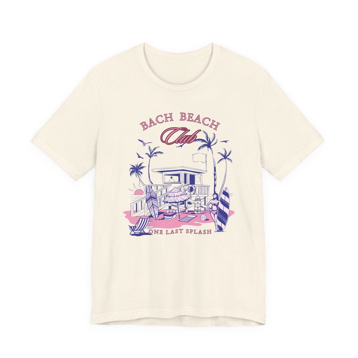 Bella + Canvas 3001 t-shirt in natural featuring a retro beach bachelorette design with palm trees, surfboards, beach house artwork, and “Bach Beach Club, One Last Splash” wording in pink and blue tropical lettering.