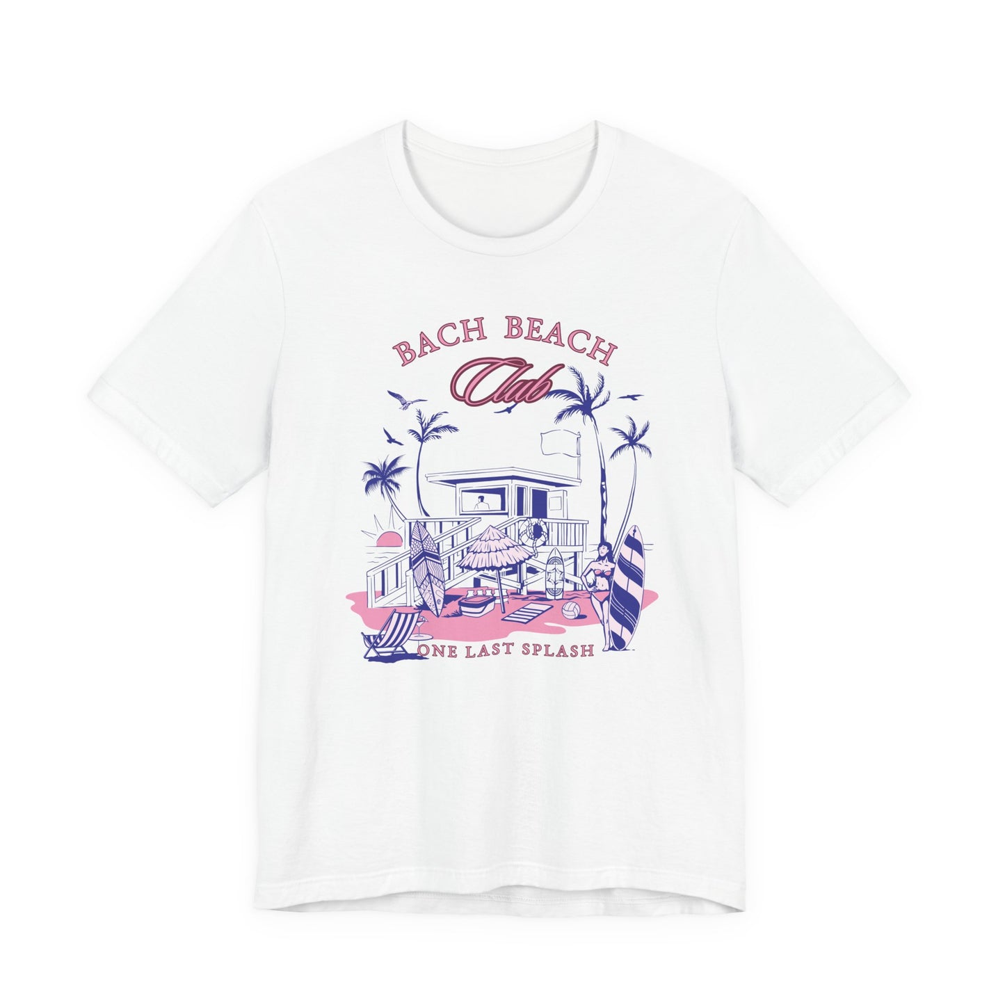 Bella + Canvas 3001 t-shirt in white featuring a retro beach bachelorette design with palm trees, surfboards, beach house artwork, and “Bach Beach Club, One Last Splash” wording in pink and blue tropical lettering.
