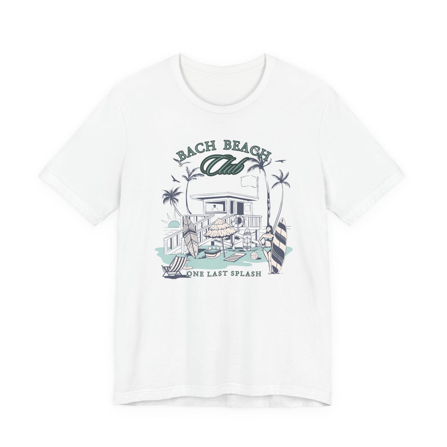 Bella + Canvas 3001 t-shirt in white featuring a retro beach bachelor party design with palm trees, surfboards, beach house artwork, and “Bach Beach Club, One Last Splash” wording in coastal green and blue lettering.
