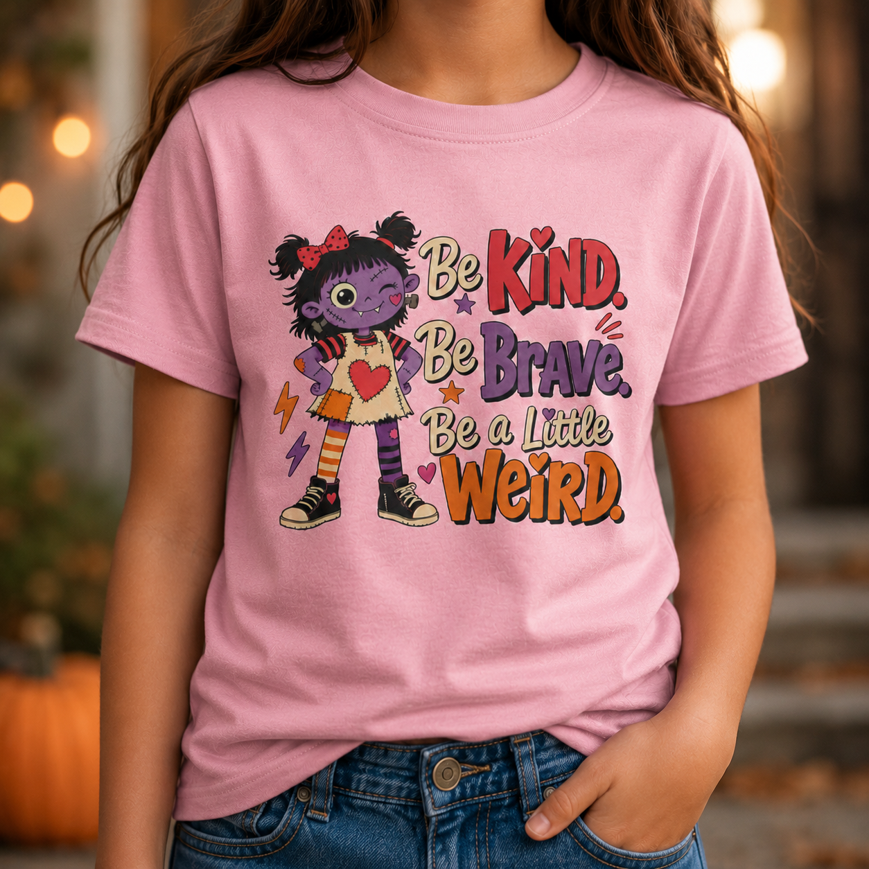 Girl wearing a pink youth T-shirt featuring a colorful patchwork girl, hearts, stars, and the empowering phrase “Be Kind, Be Brave, Be a Little Weird.”