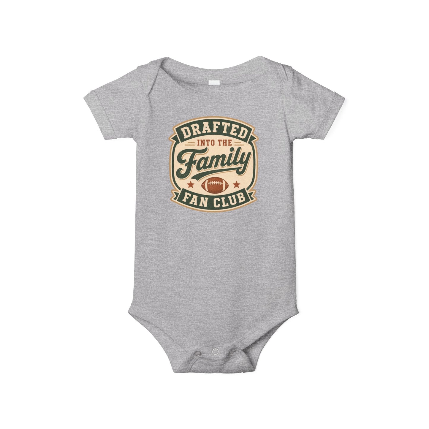 Bella + Canvas 100B infant one piece in Athletic Heather Grey featuring the phrase "Drafted Into the Family Fan Club" with a vintage football badge design. Soft football-themed baby bodysuit perfect for newborns, infants, baby's first football season, game days, tailgates, baby showers, football-loving families, and new sports fans.