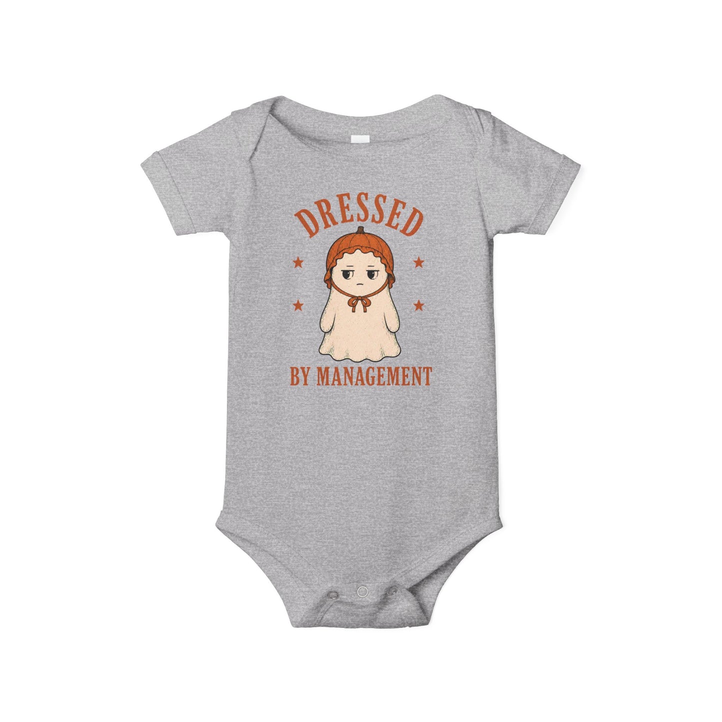 Bella + Canvas 100B infant one piece in Athletic Heather Grey featuring a cute ghost wearing a pumpkin bonnet with the phrase "Dressed by Management." Soft Halloween baby bodysuit perfect for newborns, infants, baby's first Halloween, fall outings, pumpkin patch visits, and spooky season photos.