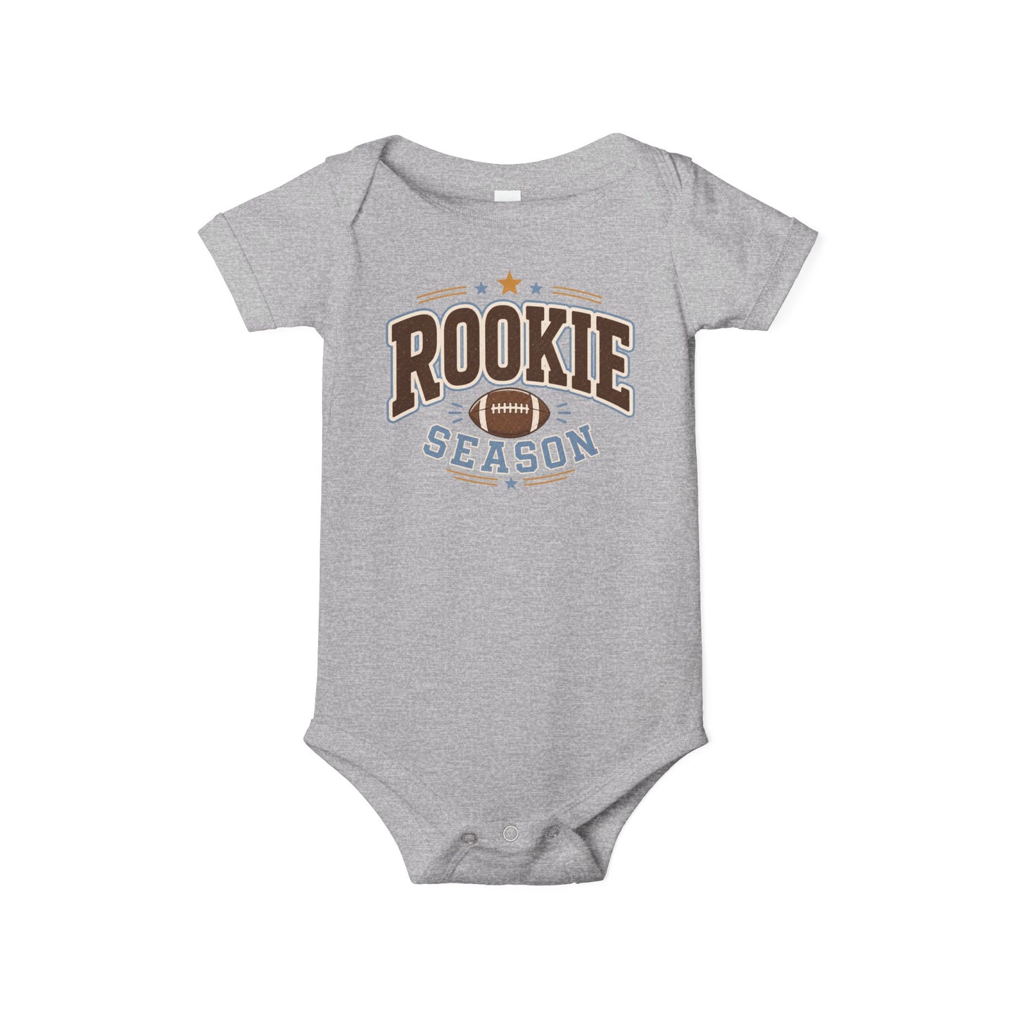 Bella + Canvas 100B infant one piece in Athletic Heather Grey featuring a football graphic and the phrase "Rookie Season." Soft football-themed baby bodysuit perfect for newborns, infants, baby's first football season, game days, tailgates, baby showers, and sports-loving families.