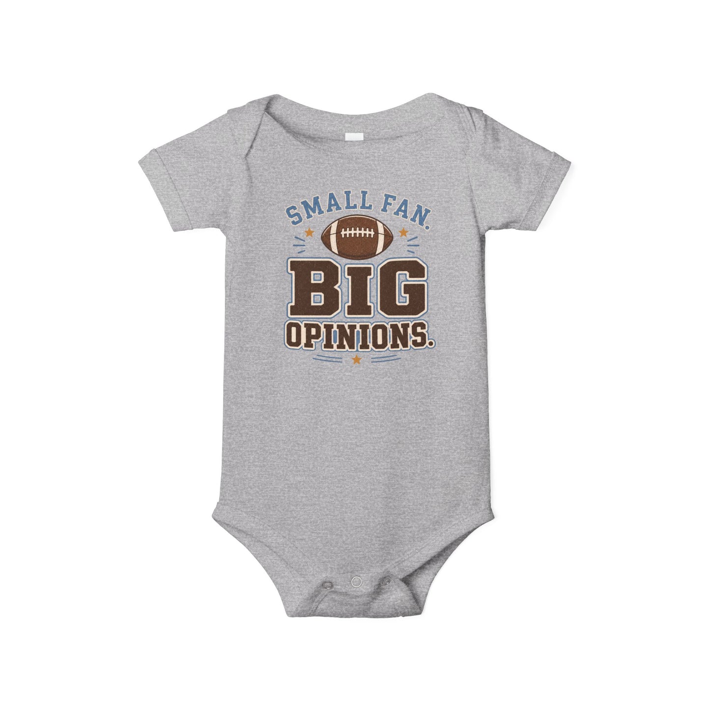 Bella + Canvas 100B infant one piece in Athletic Heather Grey featuring a football graphic and the phrase "Small Fan. Big Opinions." Soft football-themed baby bodysuit perfect for newborns, infants, football season, game days, tailgates, baby showers, and sports-loving families.