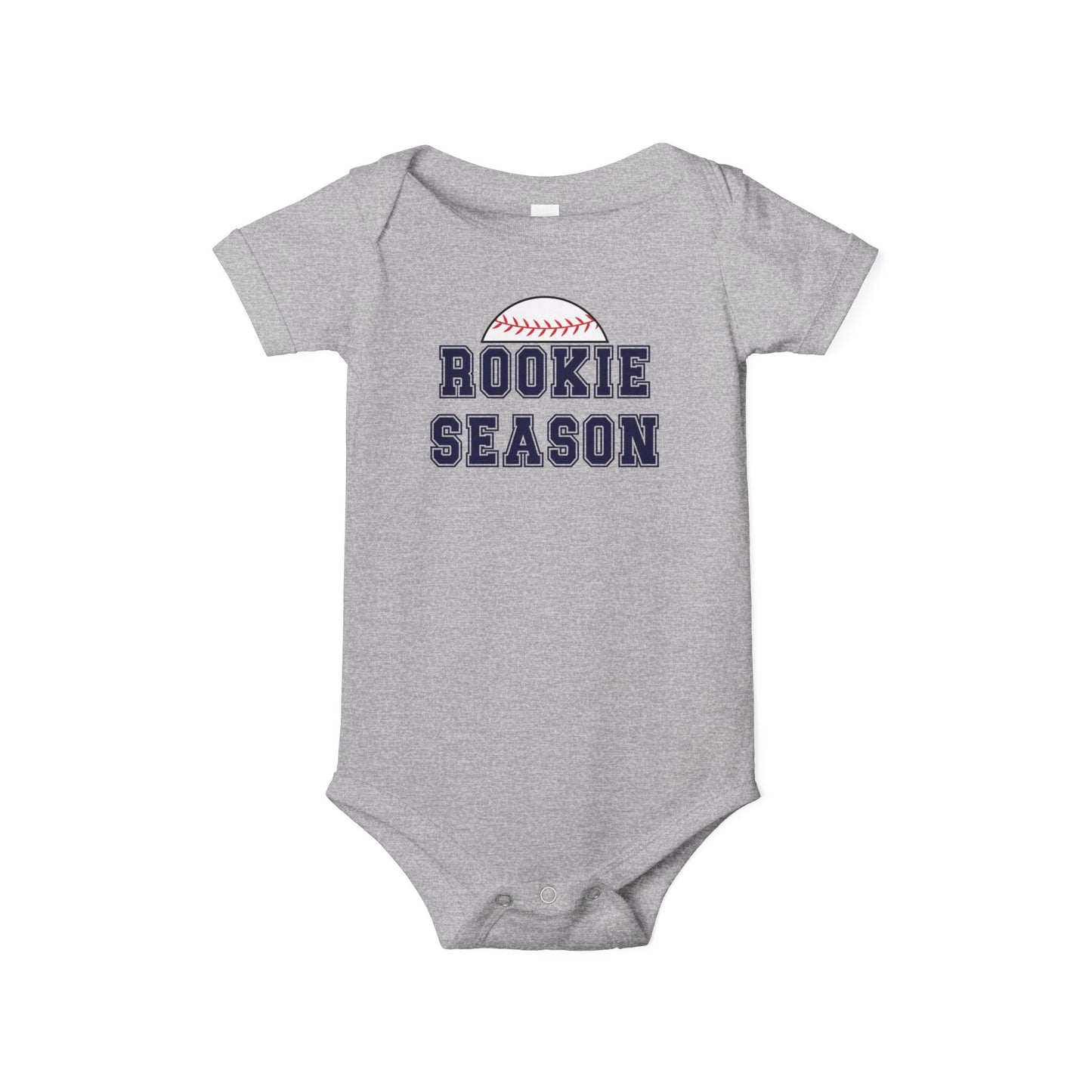 Bella + Canvas 100B athletic heather infant bodysuit featuring a baseball graphic and "Rookie Season" text. Soft baseball baby outfit perfect for baseball season, game days, newborn photos, baby showers, and future baseball fans.