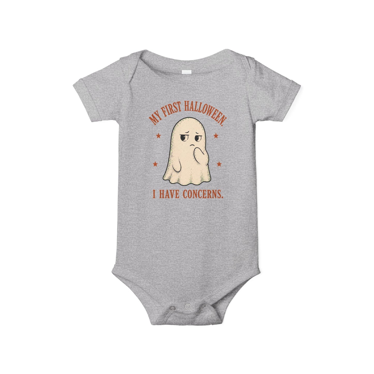Bella + Canvas 100B baby bodysuit in Athletic Heather featuring a vintage-style ghost and the phrase "My First Halloween, I Have Concerns." A soft unisex infant Halloween bodysuit perfect for first Halloween photos, pumpkin patches, and fall festivities.