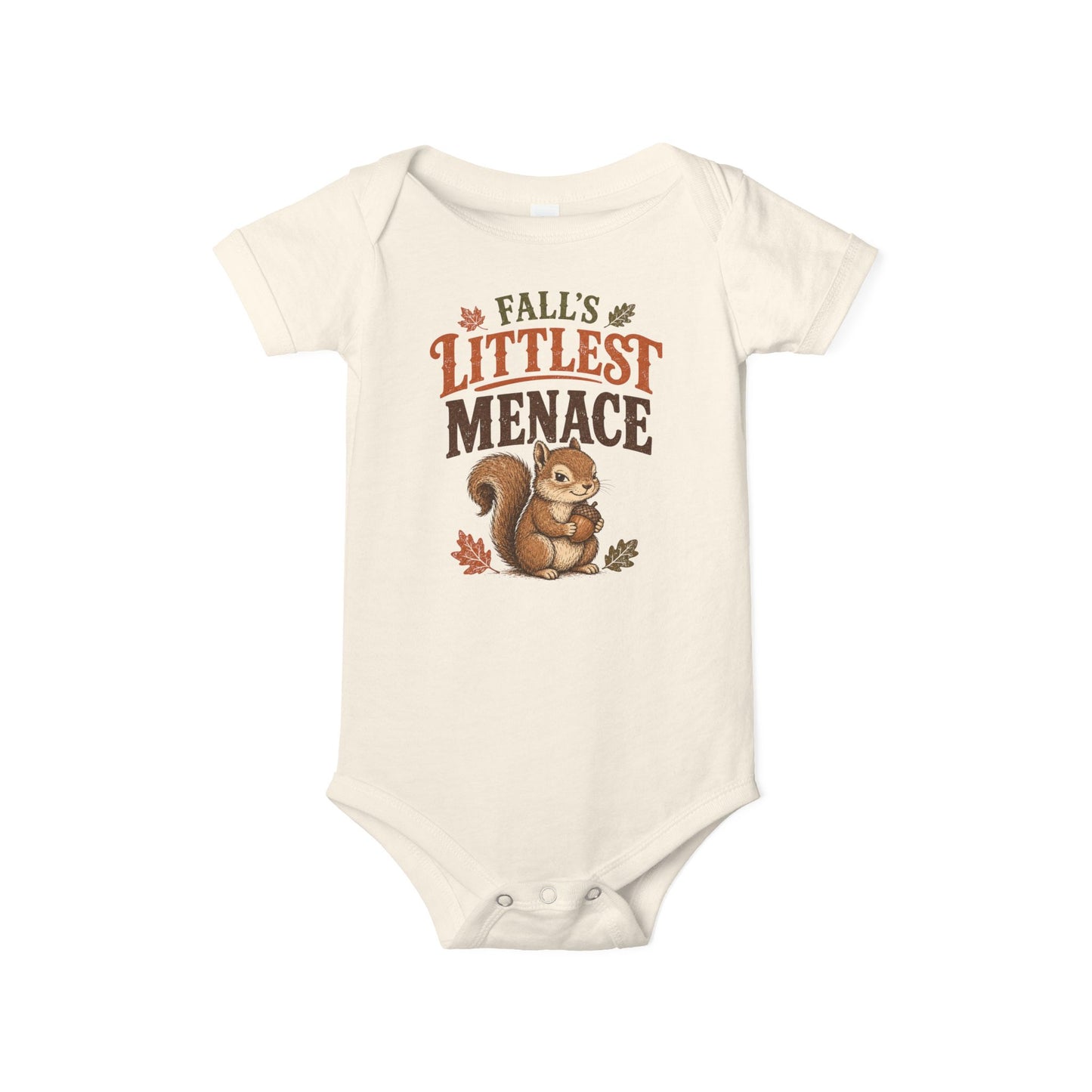 Natural Bella + Canvas 100B baby one piece featuring a cute squirrel holding an acorn with the phrase "Fall's Littlest Menace." Adorable fall baby bodysuit perfect for pumpkin patches, autumn family photos, Halloween, baby showers, and everyday seasonal wear.