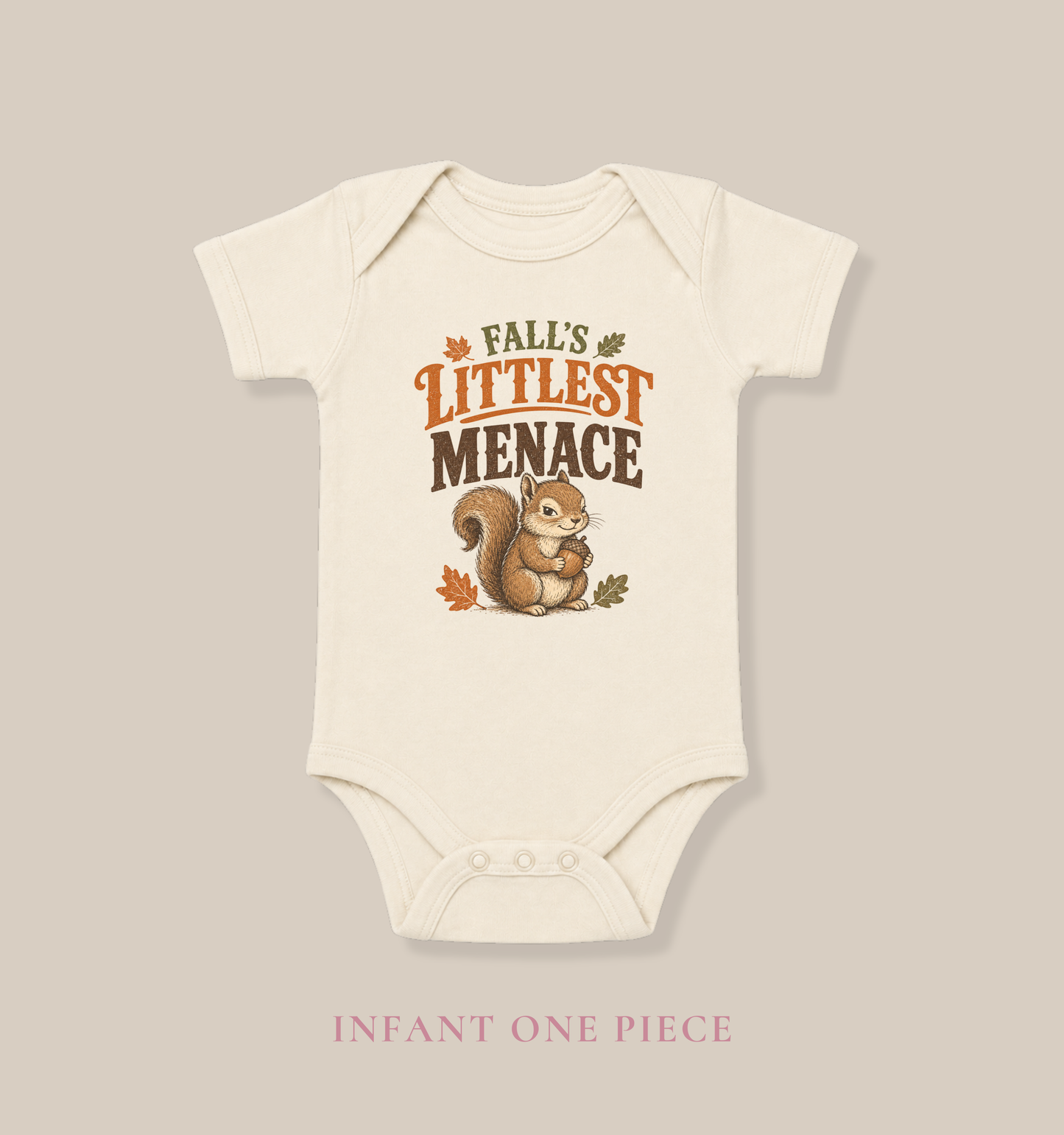 Natural Bella + Canvas 100B baby one piece featuring a playful squirrel holding an acorn with the phrase "Fall's Littlest Menace." Cute fall baby bodysuit perfect for pumpkin patches, autumn family photos, Halloween, baby showers, and everyday seasonal wear.