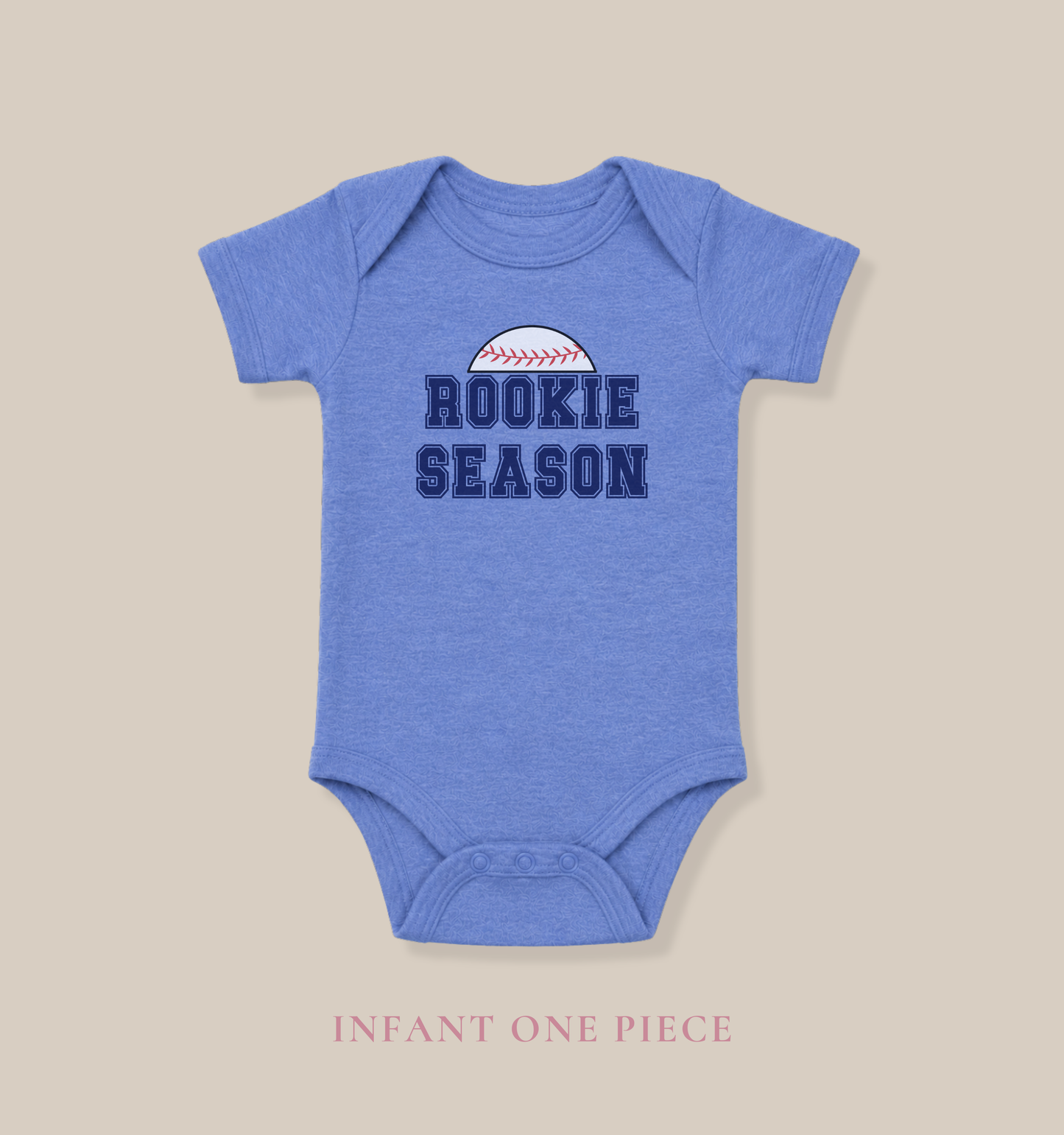 Bella + Canvas 100B heather Columbia blue infant bodysuit featuring a baseball graphic and "Rookie Season" text. Cute baseball baby outfit perfect for baseball season, game days, newborn photos, baby showers, and little sports fans.