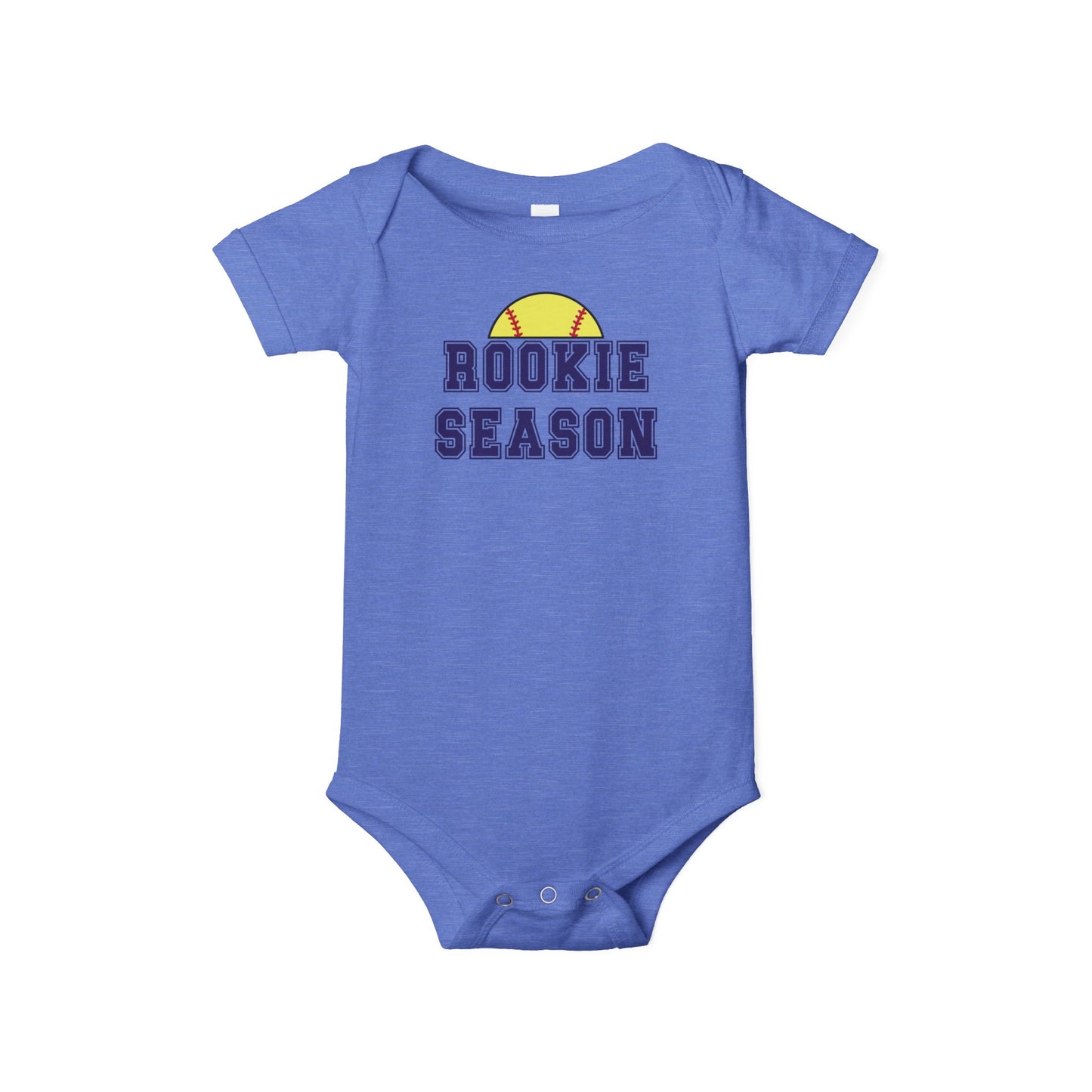 Bella + Canvas 100B heather Columbia blue infant bodysuit featuring a yellow softball graphic and "Rookie Season" text. Soft softball baby outfit perfect for game days, softball season, baby showers, newborn photos, and future softball fans.