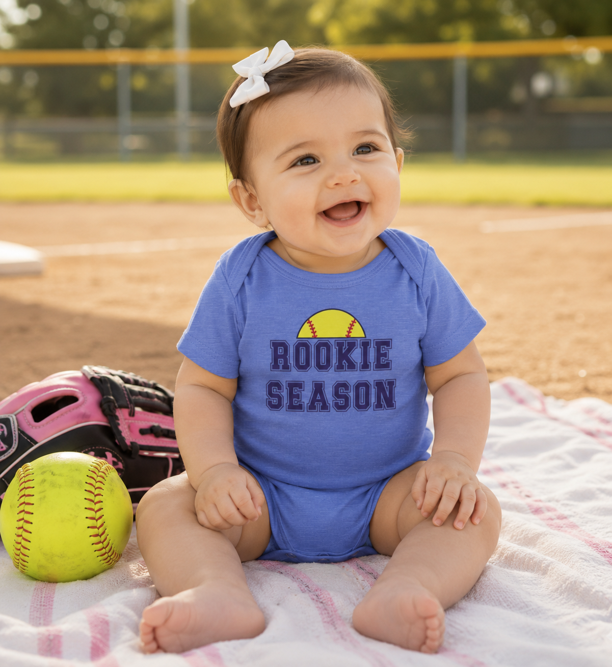 Smiling baby wearing a Bella + Canvas 100B heather Columbia blue infant bodysuit featuring a softball graphic and "Rookie Season" text while sitting on a blanket at a softball field. Perfect for softball season, game days, newborn photos, baby showers, and future softball fans.