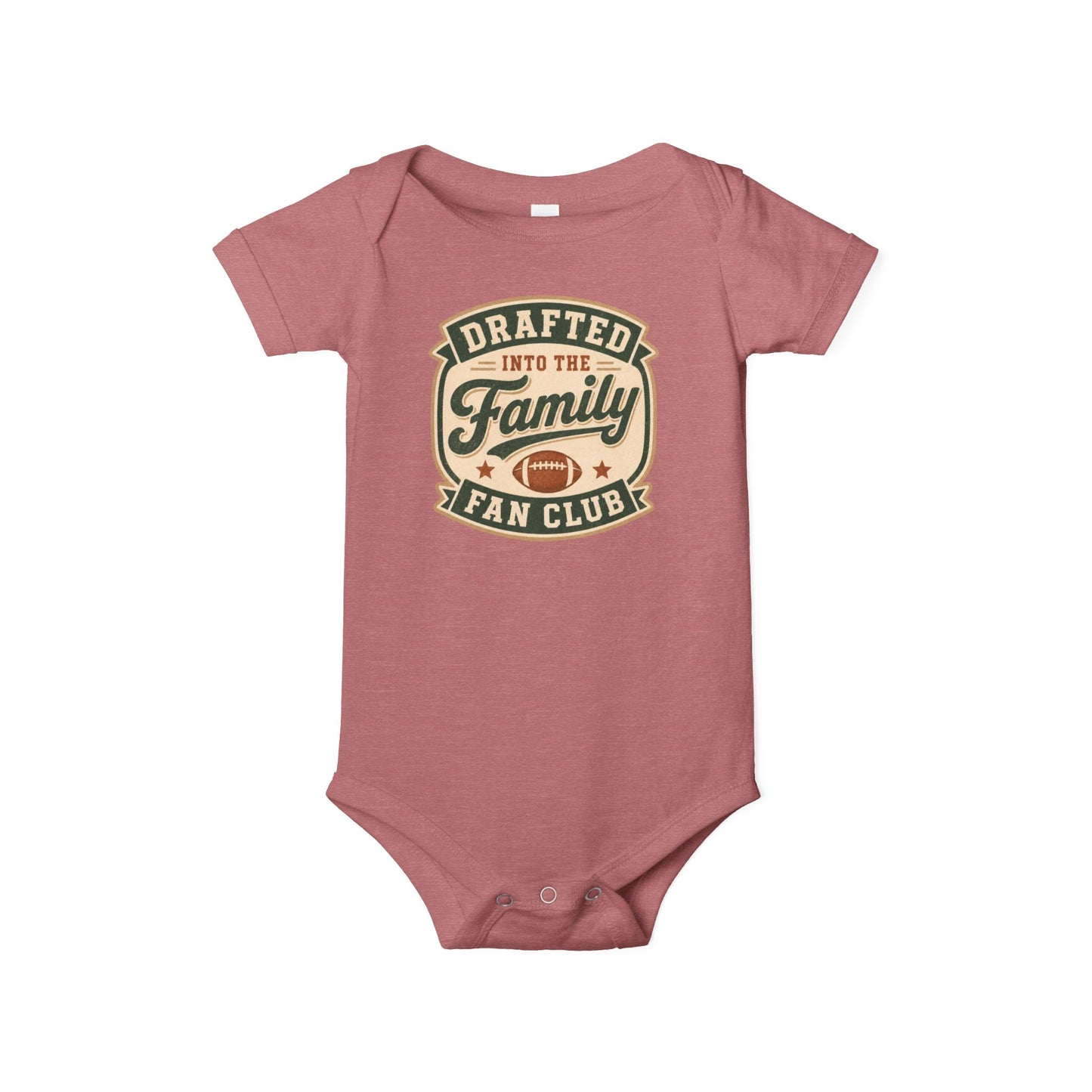 Bella + Canvas 100B infant one piece in Heather Mauve featuring the phrase "Drafted Into the Family Fan Club" with a vintage football badge design. Soft football-themed baby bodysuit perfect for newborns, infants, baby's first football season, game days, tailgates, baby showers, football-loving families, and new sports fans.