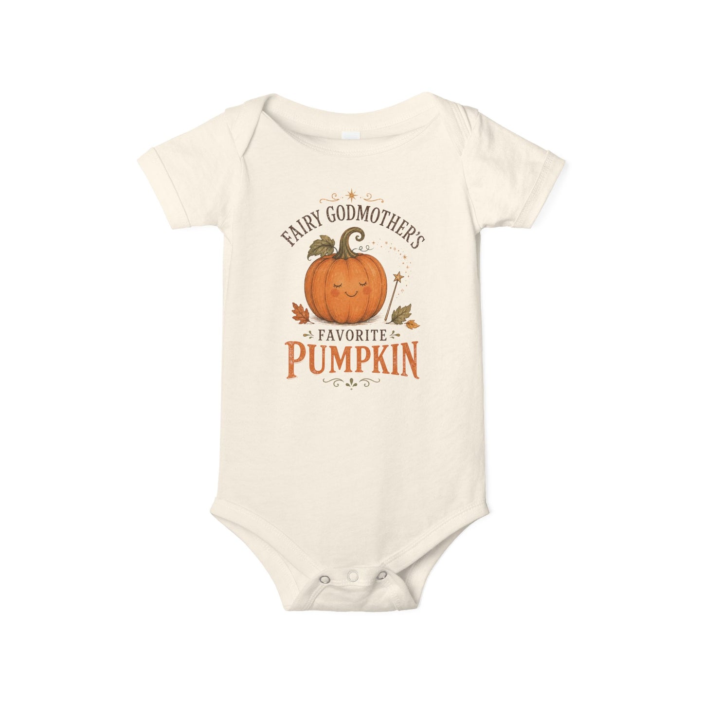 Natural Bella + Canvas 100B infant one piece featuring a cute smiling pumpkin with a fairy wand and the phrase "Fairy Godmother's Favorite Pumpkin." Soft Halloween and fall baby bodysuit for newborns and infants, perfect for baby's first Halloween, pumpkin patch outings, baby showers, autumn photos, and seasonal celebrations.