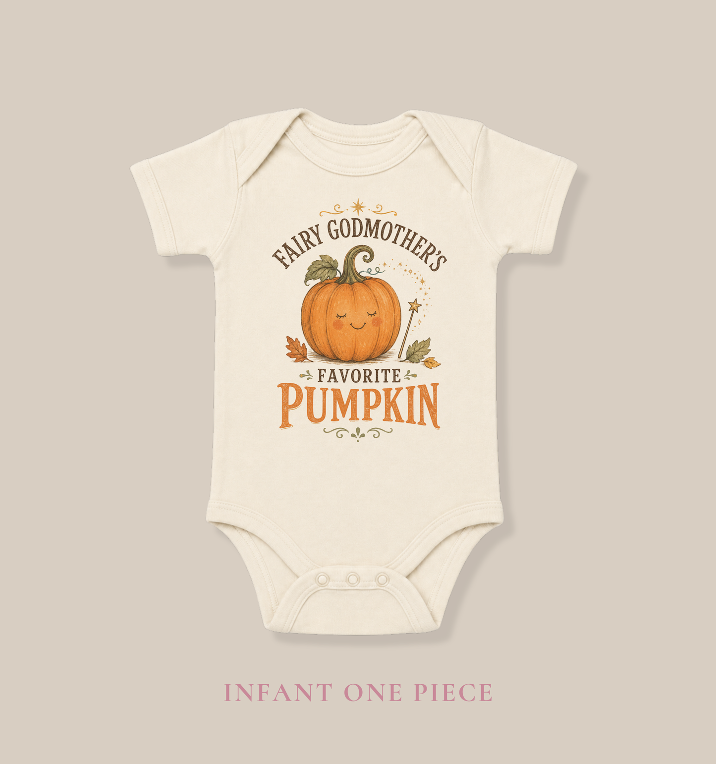 Natural Bella + Canvas 100B infant one piece featuring a smiling pumpkin with a fairy wand and the phrase "Fairy Godmother's Favorite Pumpkin." Adorable fall and Halloween baby bodysuit for newborns and infants, perfect for pumpkin patch adventures, baby's first Halloween, baby showers, autumn photos, and little pumpkin lovers.