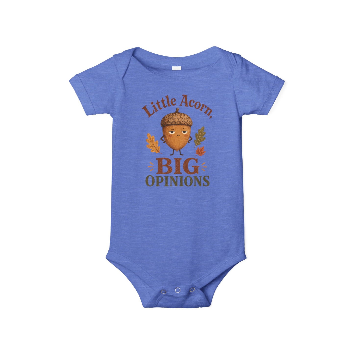 Heather Columbia Blue Bella + Canvas 100B infant one piece featuring a grumpy cartoon acorn with autumn leaves and the phrase "Little Acorn, Big Opinions." Cute fall baby bodysuit for newborns and infants, perfect for baby's first fall, pumpkin patch outings, autumn family photos, and baby showers.