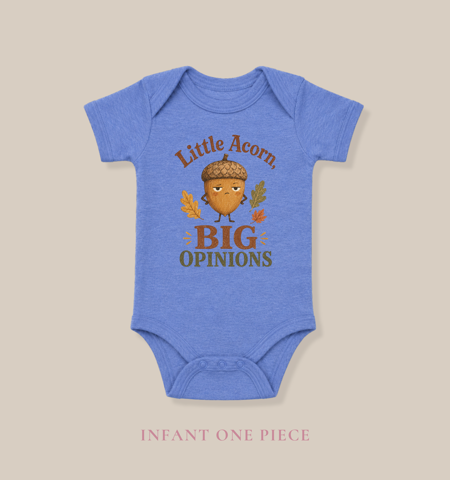 Heather Columbia Blue Bella + Canvas 100B infant one piece featuring a grumpy cartoon acorn with autumn leaves and the phrase "Little Acorn, Big Opinions." Cute fall baby bodysuit for newborns and infants, perfect for autumn, pumpkin patch visits, baby's first fall, baby showers, and seasonal family photos.