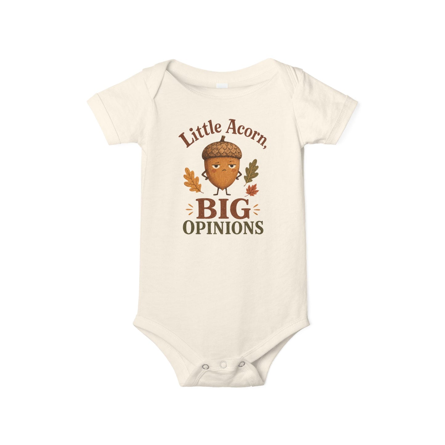Natural Bella + Canvas 100B infant one piece featuring a grumpy cartoon acorn surrounded by autumn leaves and the phrase "Little Acorn, Big Opinions." Adorable fall baby bodysuit for newborns and infants, perfect for pumpkin patch visits, baby's first autumn, family photos, and seasonal celebrations.