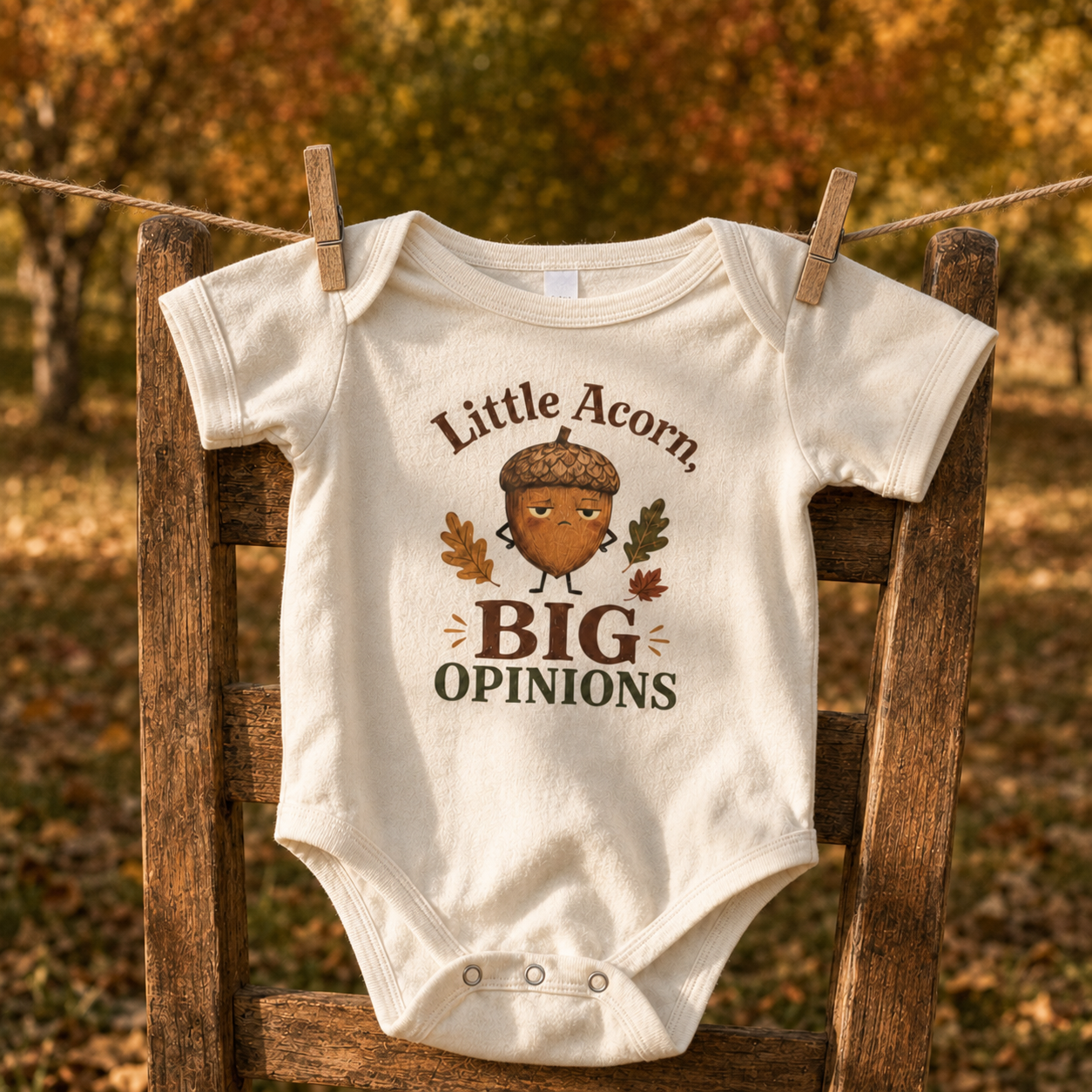Natural Bella + Canvas 100B infant one piece featuring a grumpy cartoon acorn surrounded by autumn leaves with the phrase "Little Acorn, Big Opinions." Adorable fall baby bodysuit for newborns and infants, perfect for baby's first fall, pumpkin patch visits, autumn family photos, baby showers, and seasonal celebrations.