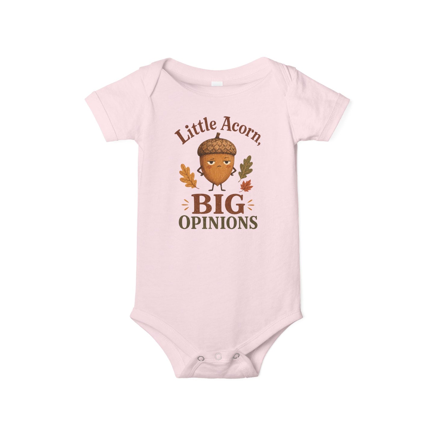 Pink Bella + Canvas 100B infant one piece featuring a grumpy cartoon acorn with colorful autumn leaves and the phrase "Little Acorn, Big Opinions." Cute fall-themed baby bodysuit for newborns and infants, perfect for baby's first fall, baby showers, pumpkin patch adventures, and autumn family photos.