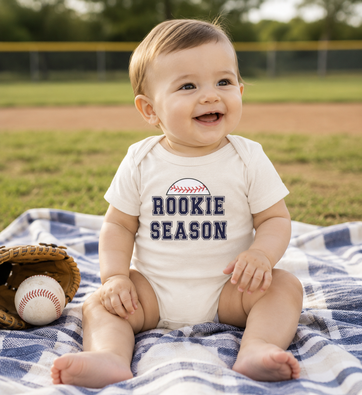 Smiling baby wearing a Bella + Canvas 100B natural infant bodysuit featuring a baseball graphic and "Rookie Season" text while sitting on a blanket at a baseball field. Perfect for baseball season, game days, newborn photos, baby showers, and future baseball fans.