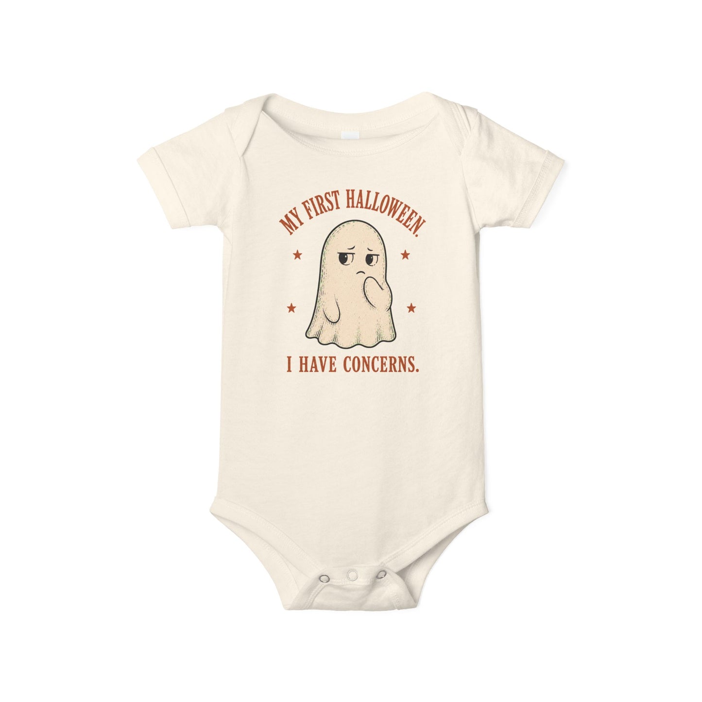 Bella + Canvas 100B baby bodysuit in Natural featuring a vintage-style ghost with the funny phrase "My First Halloween, I Have Concerns." A cute and humorous baby's first Halloween outfit for infants.