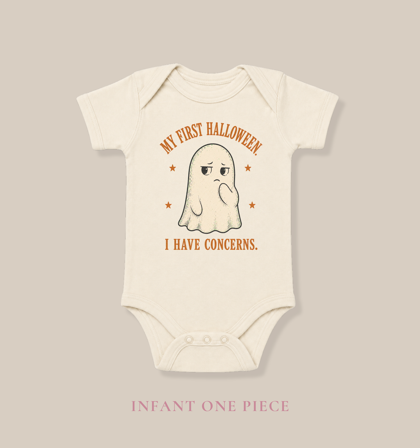 Bella + Canvas 100B infant bodysuit in Natural featuring a vintage-style ghost with the funny phrase "My First Halloween, I Have Concerns." A cute and humorous baby's first Halloween one-piece, perfect for fall outings, pumpkin patch visits, and Halloween photos.
