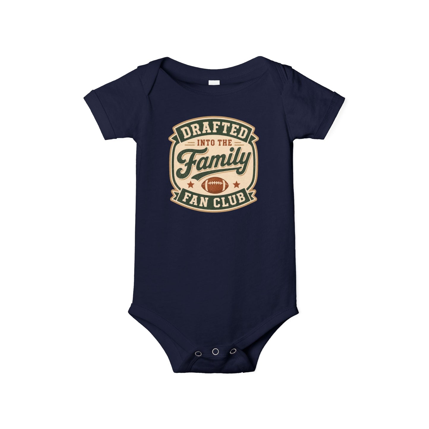 Bella + Canvas 100B infant one piece in Navy featuring the phrase "Drafted Into the Family Fan Club" with a vintage football badge design. Soft football-themed baby bodysuit perfect for newborns, infants, baby's first football season, game days, tailgates, baby showers, football-loving families, and new sports fans.