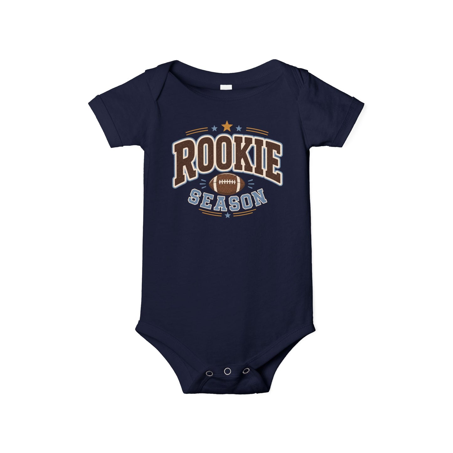 Bella + Canvas 100B infant one piece in Navy featuring a football graphic and the phrase "Rookie Season." Cozy football baby bodysuit for newborns and infants, perfect for baby's first football season, game days, tailgates, baby showers, and cheering on the home team.